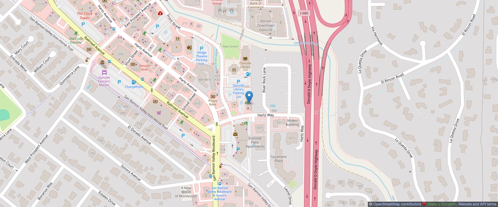 Map of downtown Danville with the office location on Hartz Way, &copy; OpenStreetMap contributors